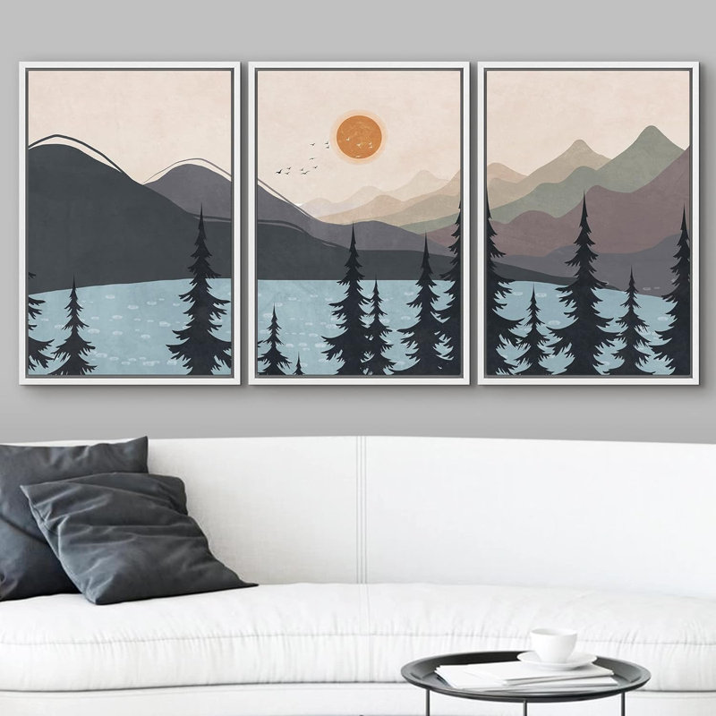 «Pine Tree Mountain Forest Lake on Canvas», reproduction de 3 pièces, H 24 po x l 48 po x P 1,5 po
