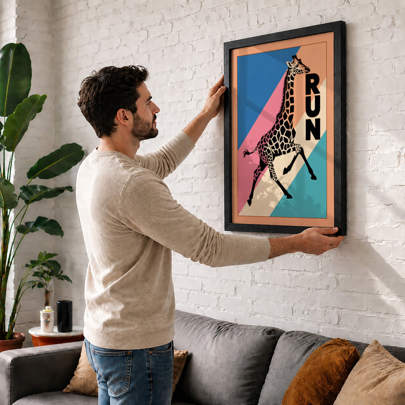Giraffe Run Retro - Framed Print, Unframed, A1 - 84.1 x 59.4 cm