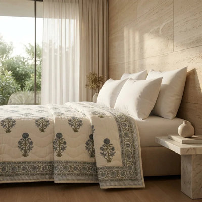 House of Avana Cream & Rose Pink Botanical Floral Jaipur Indian Hand Block Print Quilted Comforter