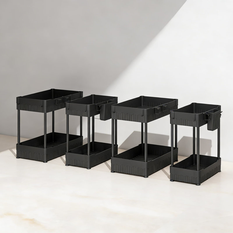 Under Sink Organizer And Storage Shelf With Adjustable Hooks And Hanging Cups, Multi-Purpose ABS Cabinet Organizer For Kitchen And Bathroom