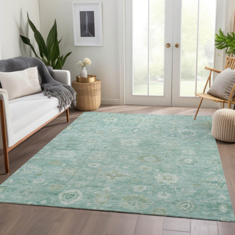Tapis bleu sarcelle lavable à la machine intérieur / extérieur Xhevrie, Rectangle 10 pi x 14 pi