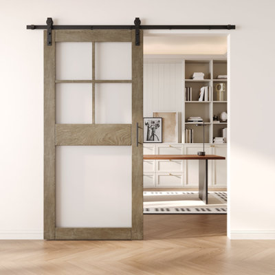 Homacer Classic Gray 50in x 84in 5-Lite Frosted Glass Unassembled & Finished Barn Door with Non-Bypass Installation Hardware Kit, 9ft track, interior use only