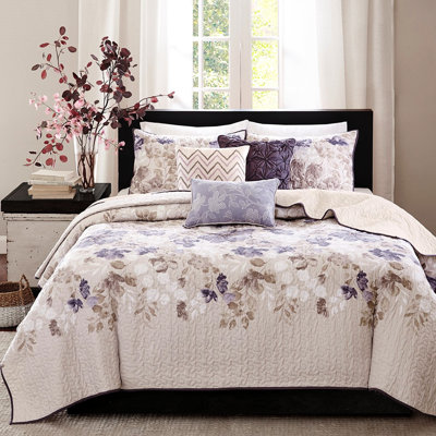 Courtepointe 6 pièces taupe avec coussins décoratifs, double / grand, courtepointe florale aquarelle, microfibre, tissu réversible à couleur unie, imprimé lavable à la machine, taupe, décoration, réversible, coussins décoratifs