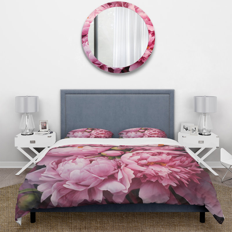 Ensemble de housse de couette floral rose et vert pivoine II captivant - microfibre de polyester