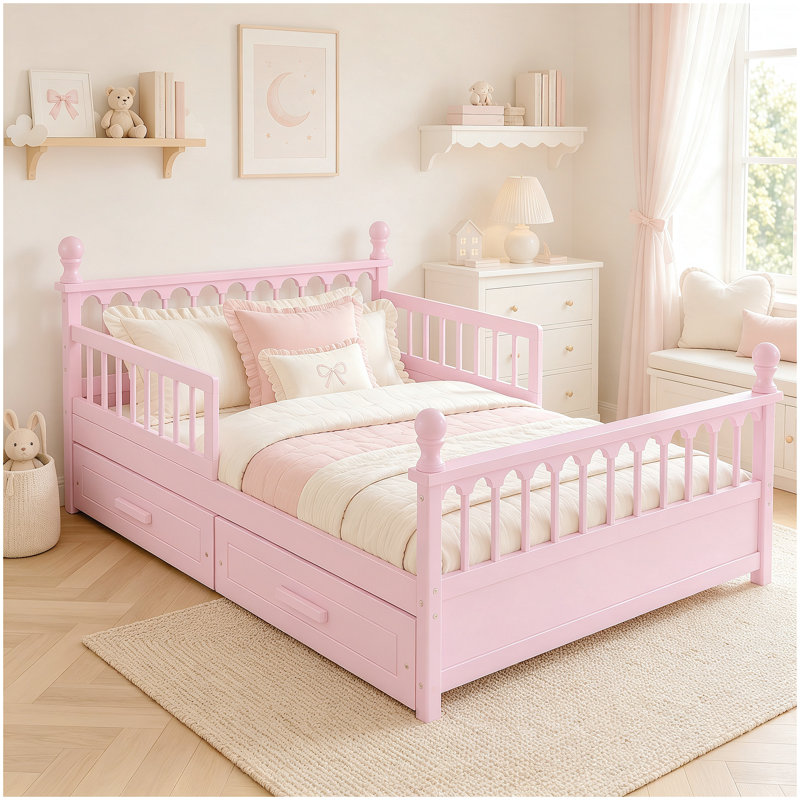 Structure de lit pour enfant pleine grandeur avec 2 tiroirs de rangement sous le lit, lit plateforme en bois avec garde-corps de sécurité, conception à profil bas, système de support à lattes robuste, aucun sommier nécessaire, rose
