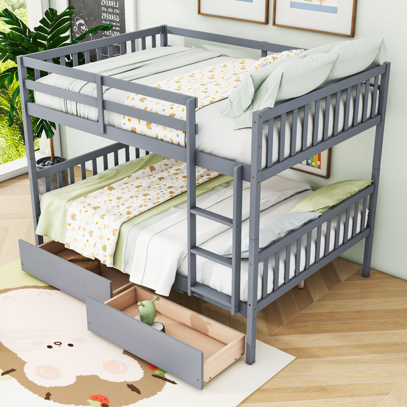 Wood Bunk Bed With 2 Drawers, Gray, Full Over Full