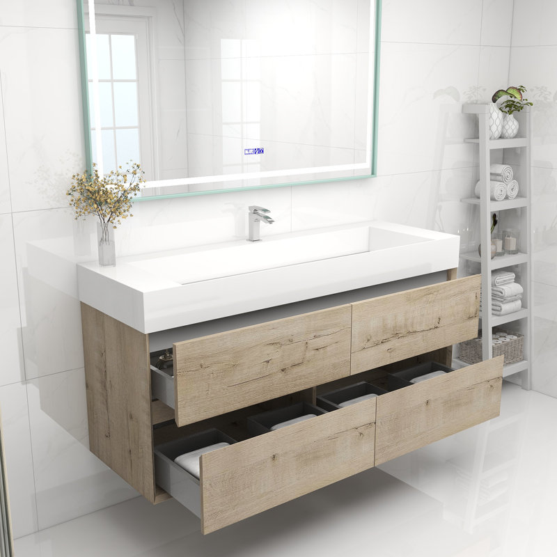60" Wall Mounted Single Bathroom Vanity, White Oak