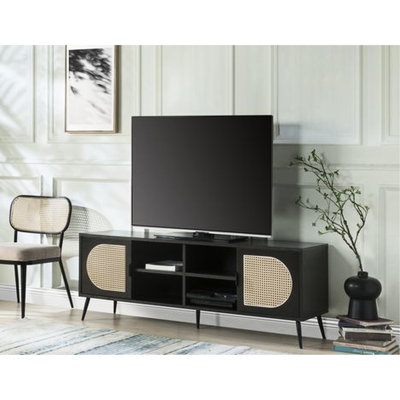 Meuble télé noir en bois avec pieds et insert en métal, convient aux pieds de téléviseurs de 50 à 59 po, placage de placage, convient aux meubles de 50 à 59 po