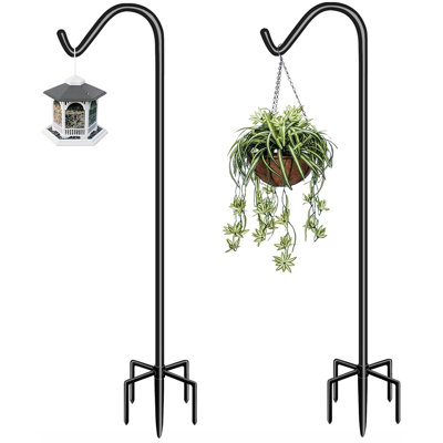 92 Inch Tall Shepherd Hooks with 5-Forked Base, Adjustable Heavy Duty Bird Feeder Pole Stand Hanger for Outdoor, Shiny Black, 2 Pack