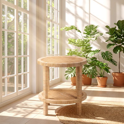 Table d'appoint moderne bohème à deux niveaux en acajou et rotin naturel, 59 cm L x 59 cm P x 61 cm H