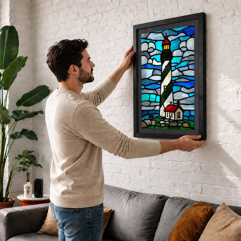 Stained Glass Lighthouse Coastal - Framed Print, Black, A3 - 42.0 x 29.7 cm