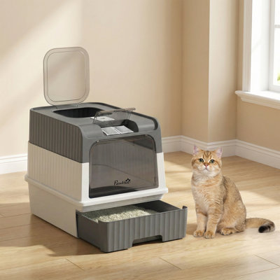 Cat Litter Box with Lid, Hooded Cat Litter Box with Pull-Out Drawer Tray, Scoop, Front Entry & Top Exit, 4 Deodorization Bags, Easy to Clean, Gray