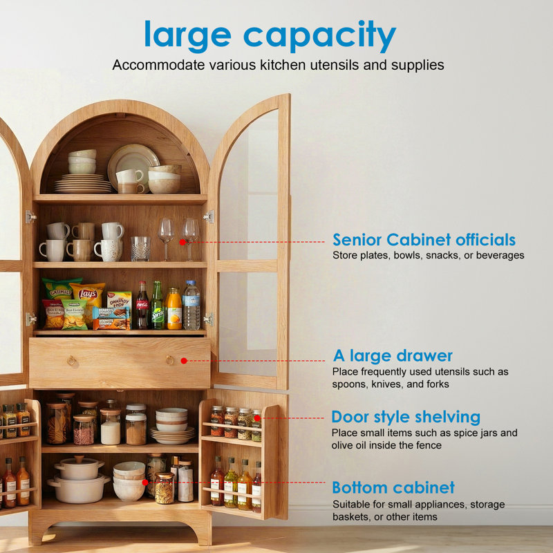 Grand garde-manger de style campagnard arqué 71 po - porte vitrée, tablettes réglables et tiroir caché