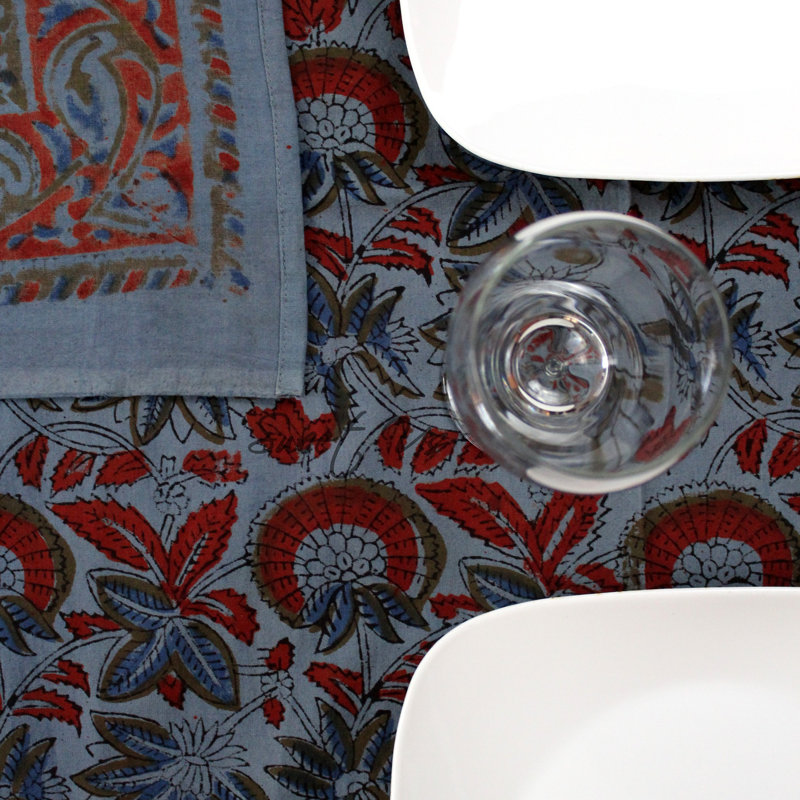 Block Print Cotton Floral Tablecloth Rectangle, 106" x 106", Blue