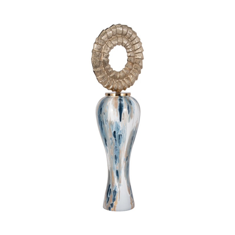 Glass Metal Decorative Jar with Sculpted Aluminum Circular Lid Modern Coastal Style Home Accent, 42" H x 15" W x 10" D