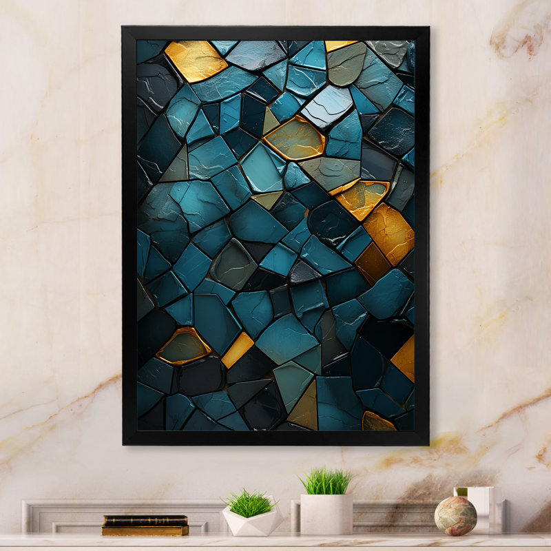 Décoration murale bleue et dorée Elegance II - marbre, Cadre photo noir, H 44 po x l 34 po x P 1,5 po