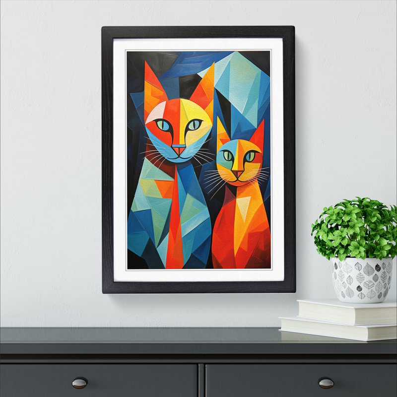 Egyptian Cat Cubism No.2 - Single Picture Frame Print on Wood, 46" H x 34" W x 2" D, Black