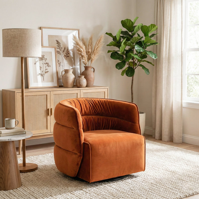 Fauteuil demi-tonneau pivotant en velours Amundsen, Velours orange brûlé
