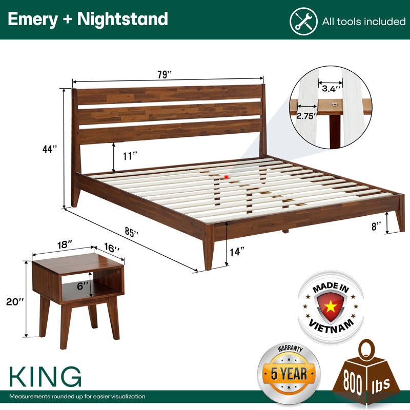 2-Pcs Bedroom Set Callisto – Solid Wood Platform Bed Frame & Matching Nightstand. Mid-Century Modern Farmhouse. 800 lbs Capacity. No Box Spring Needed
