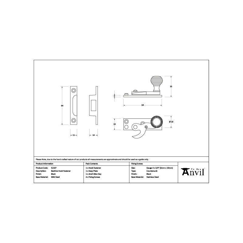 Beehive Sash Hook Fastener, Black