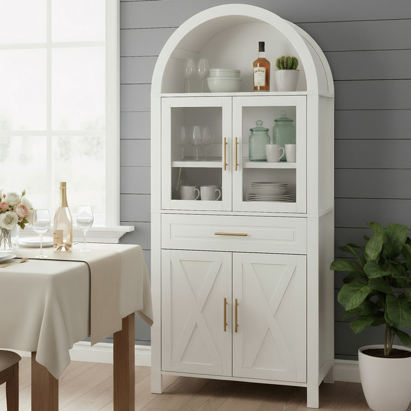 Tall Arched Kitchen Pantry With Adjustable Shelves, White