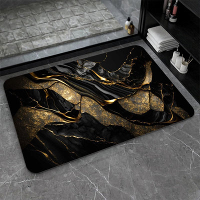 Tapis de bain-Tapis de salle de bain ， Noir et métallique doré absorbant le marbre antidérapant Séchage rapide Résistant aux taches Facile à nettoyer Tapis de douche pour baignoire 18 x 30 pouces (45 x 75 cm)