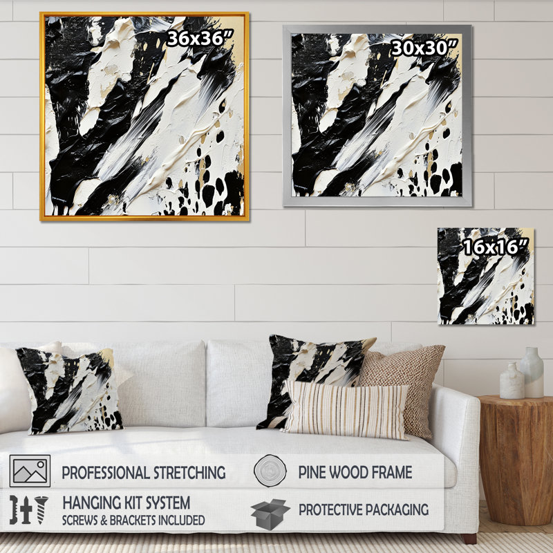 «Black and White Paint Stroke Fight - Abstract Shapes», reproduction sur toile, Cadre flottant doré, H 36 po x l 36 po