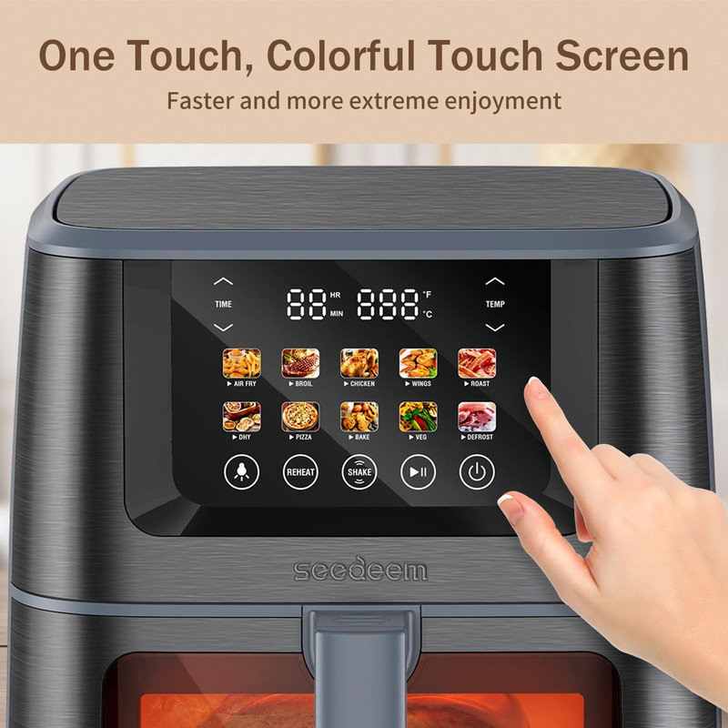 Air Fryer with Colour LCD Display Touchscreen with Cooking Window,Broil,Roast,Dehydrate,Bake,Black, Grey