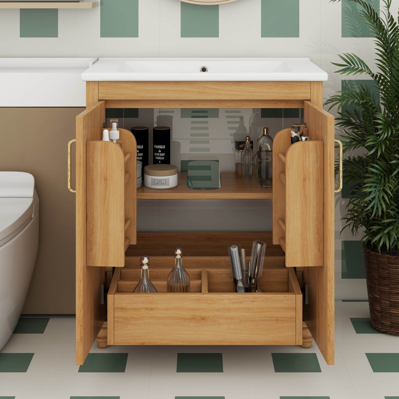 Meuble-lavabo de 30 po avec lavabo, armoire de rangement en bois massif avec 1 tiroir et 2 portes, supports de rangement