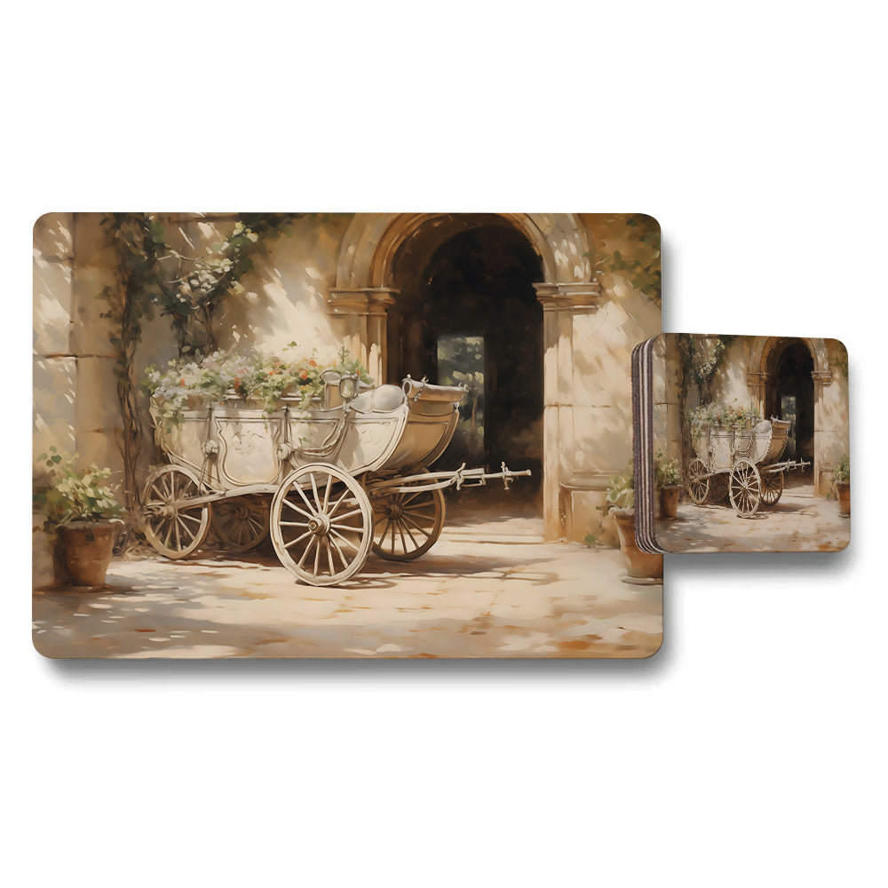Vintage Carriage And Garden Scene Placemat Coaster Set