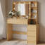 Bureau de meuble-lavabo moderne de 39 po avec miroir à DEL réglable 3 couleurs et station de charge multi-ports, 5 tiroirs et tablettes latérales ouvertes-131076653