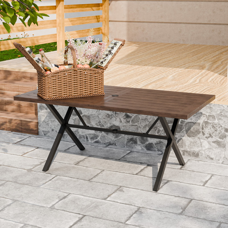Rectangular Solid Wood Patio Dining Table with Umbrella Hole for 6 Persons