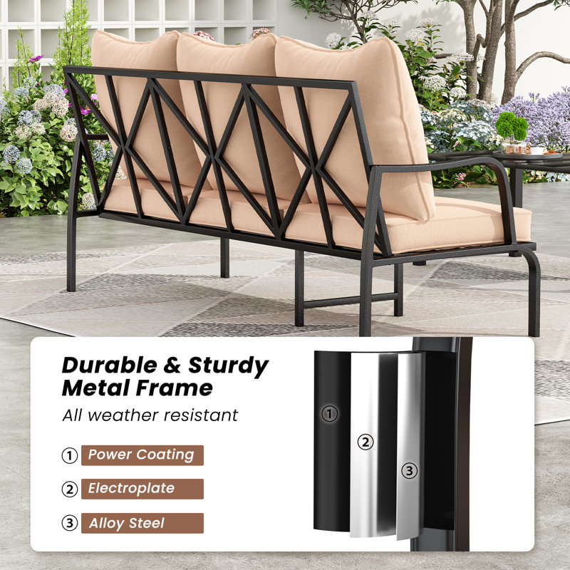 Patio Metal Frame 3 Seater Sofa With Thicken Cushions