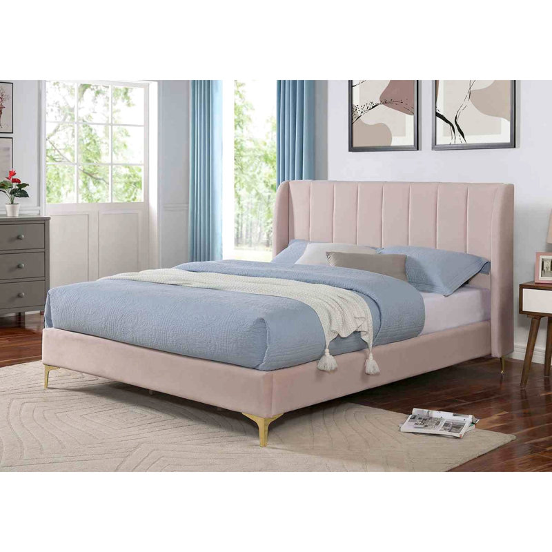Structure de lit simple rose avec tête de lit à oreilles, capitonnage, tissu velours, pieds en métal doré rose, style contemporain, entièrement rembourré, pieds, matériau