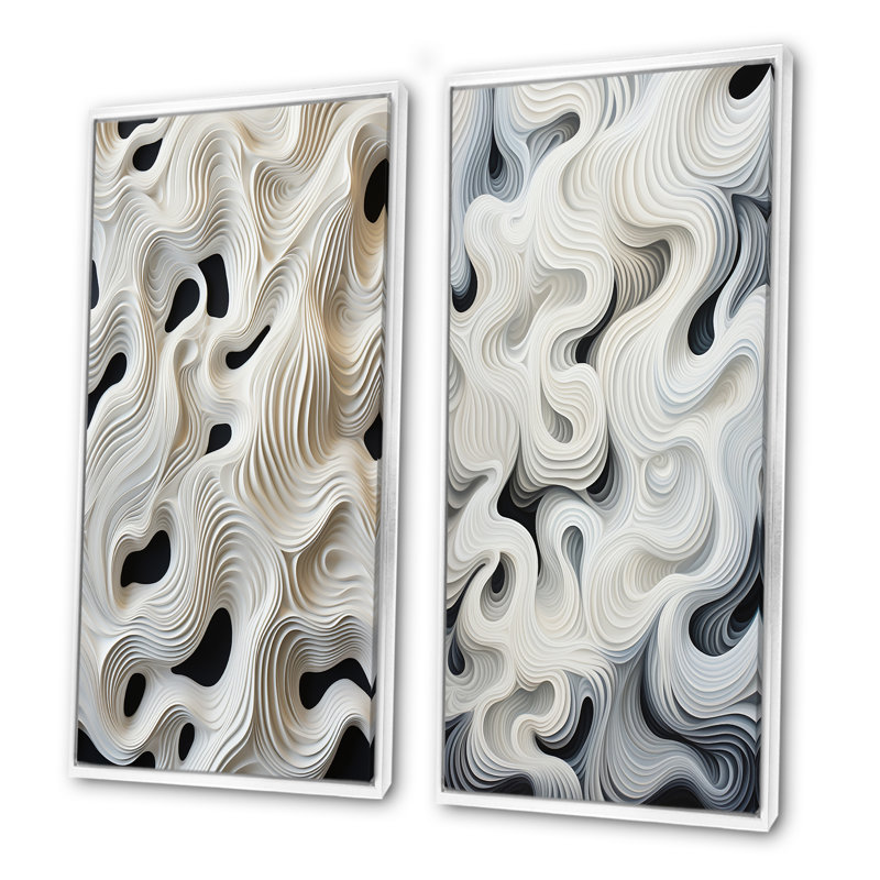 Monochromes Op Art, vagues noires et blanches - ensemble de 2 reproductions d'art sur toile, Cadre flottant blanc
