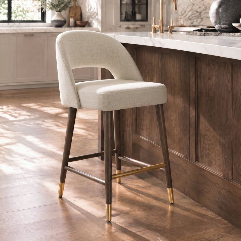 Tabouret de comptoir rembourré à dossier bas avec pieds en bois massif, Beige