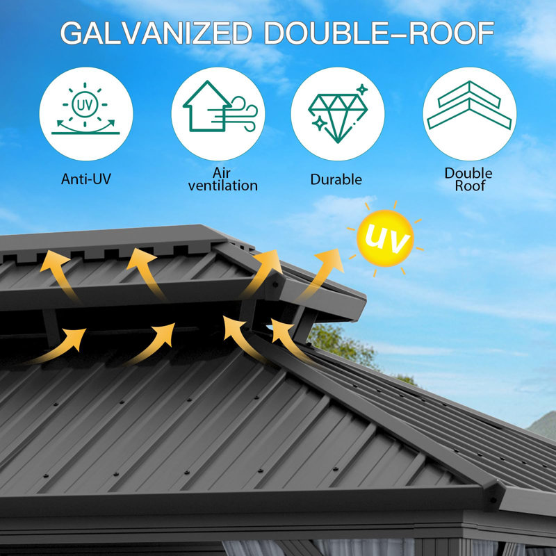 Outdoor Hardtop Gazebo, Galvanized Iron Double Vent Roof with Curtains & Netting, Aluminum Frame Pavilion for Patio, Lawn, Deck, Garden