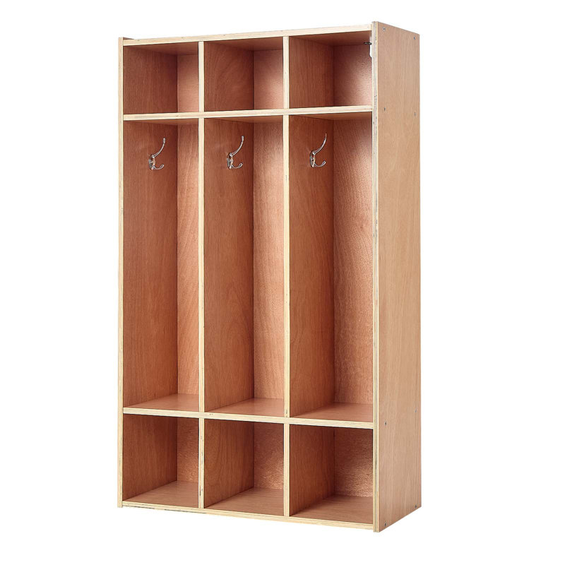 Casier à 3 sections pour enfants, rangement en bois pour tout-petits avec 6 crochets et tapis antidérapant, casiers pour enfants modernes avec 6 petites boîtes de rangement ouvertes pour la maison, la maternelle, la garderie, naturel