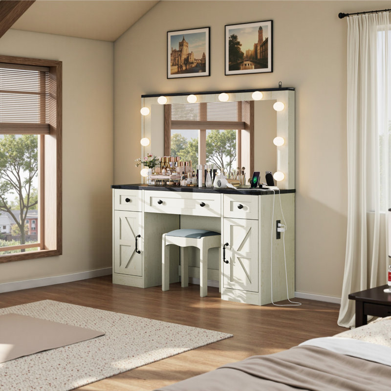 Cioeta 43" Farmhouse Makeup Vanity with Hollywood 3 colors Adjustable Mirror&Built-in Outlets, White