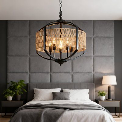 Lustre moderne en rotin de style campagnard avec luminaire suspendu en osier tissé à la main à 5 lumières pour salle à manger, îlot de cuisine, salon, chambre à coucher