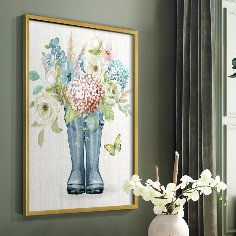 Garden Boots Framed Print - Solid Wood, 10" H x 8" W, Gold
