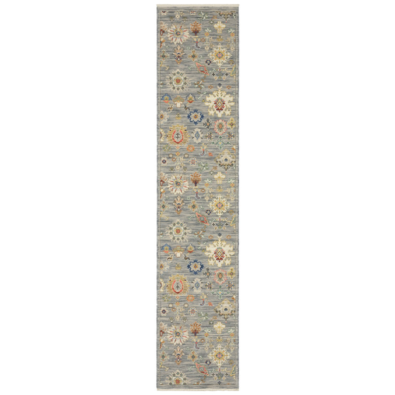 Oriental Machine Woven Gray /Beige Wool and Nylon Blend Area Rug, Runner 2'6" x 12'