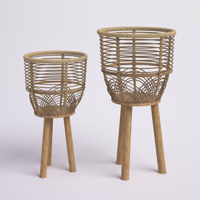 Natural Brown Bamboo and Rattan Wicker Planters with Stands, Set of 2