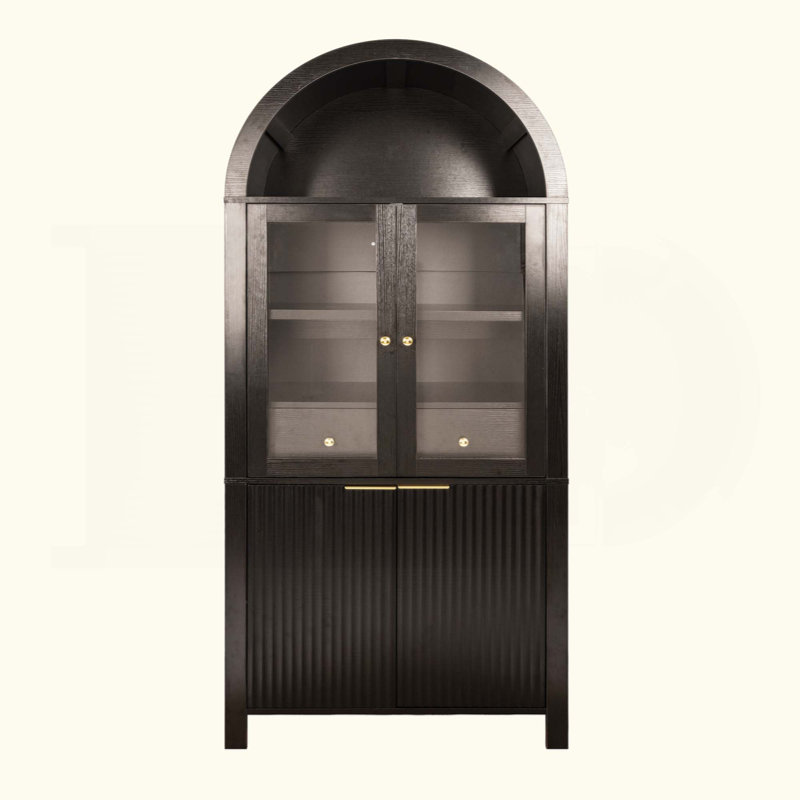 Grand garde-manger arqué cannelé avec tablettes réglables, rangement élégant avec tiroir caché et porte vitrée pour la cuisine, le salon, la salle à manger