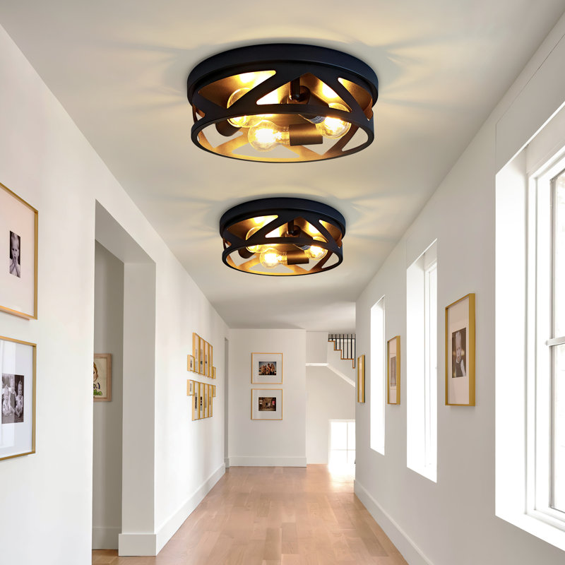 Industrial Flush Mount Ceiling Light, Matte Black Metal Ceiling Fixture For Porch & Kitchen (Set of 2), 3 Lights