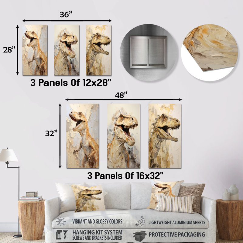Dinosaure T Rex Supreme - ensemble de 3 décorations murales en métal dinosaure, H 28 po x l 36 po
