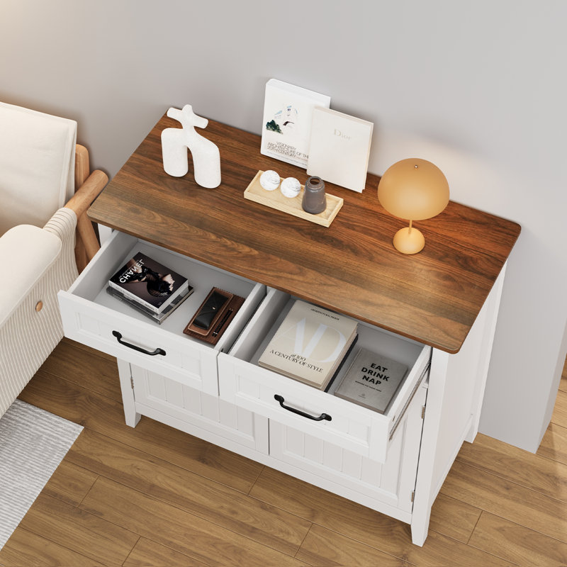 32" Modern Farmhouse Sideboard – Wood Buffet with 2 Drawers & Adjustable Shelves, Brown/White