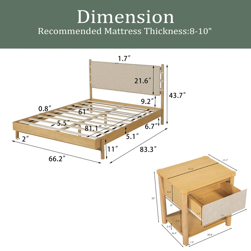 Ensemble de base de lit moderne avec 2 tables de chevet, lit plateforme en bois avec tête de lit et tables de chevet assorties pour la chambre à coucher