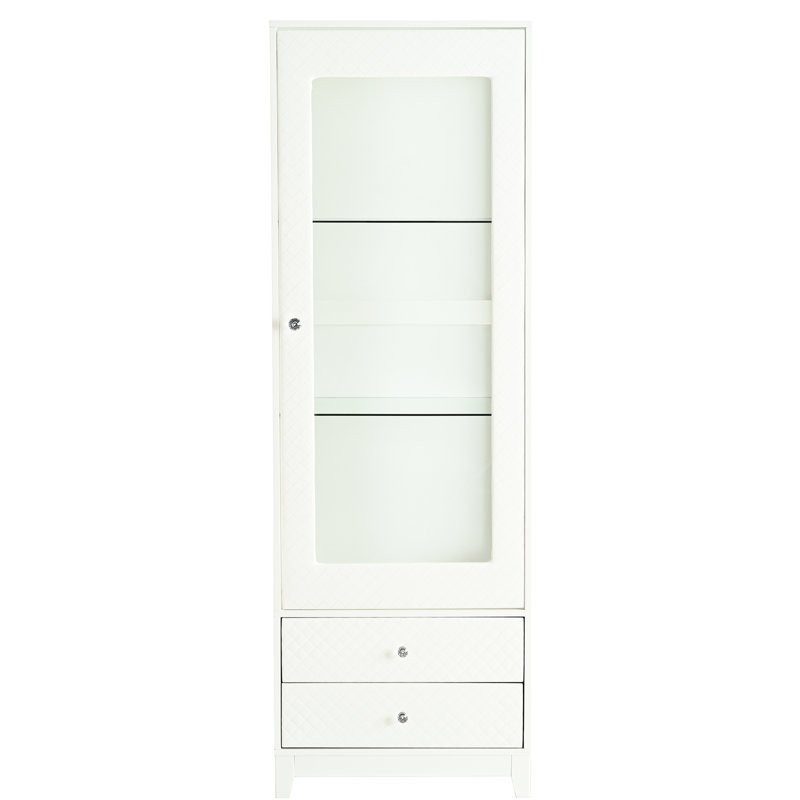 Vitrine 71 po autoportante avec tablettes réglables, garde-manger rembourré, 2 tiroirs de rangement, armoire à vin, porte vitrée, plafond à DEL 5 couleurs, vue panoramique 180 pour le style - décor de couloir blanc