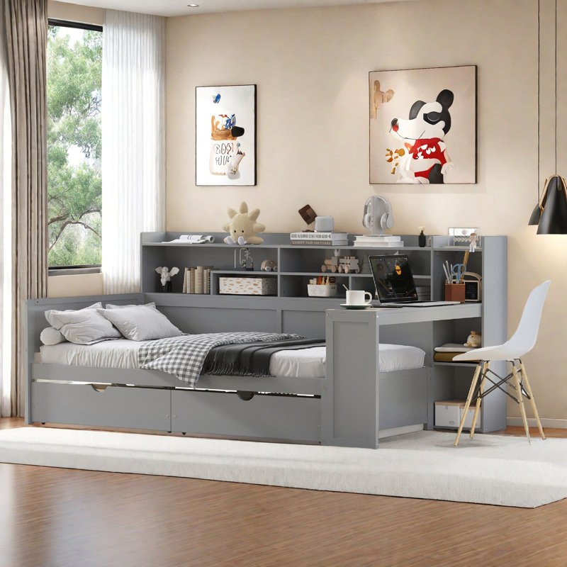 Multifunctional Wooden Daybed With Storage Shelves, Study Desk And 2 Drawers, Gray, Twin